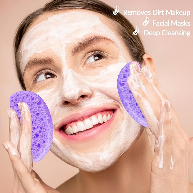 100-Count Facial Sponges Compressed Natural Cellulose Sponge Round Shape Face Sponge for Face Cleansing Exfoliating and Makeup Removal, Purple