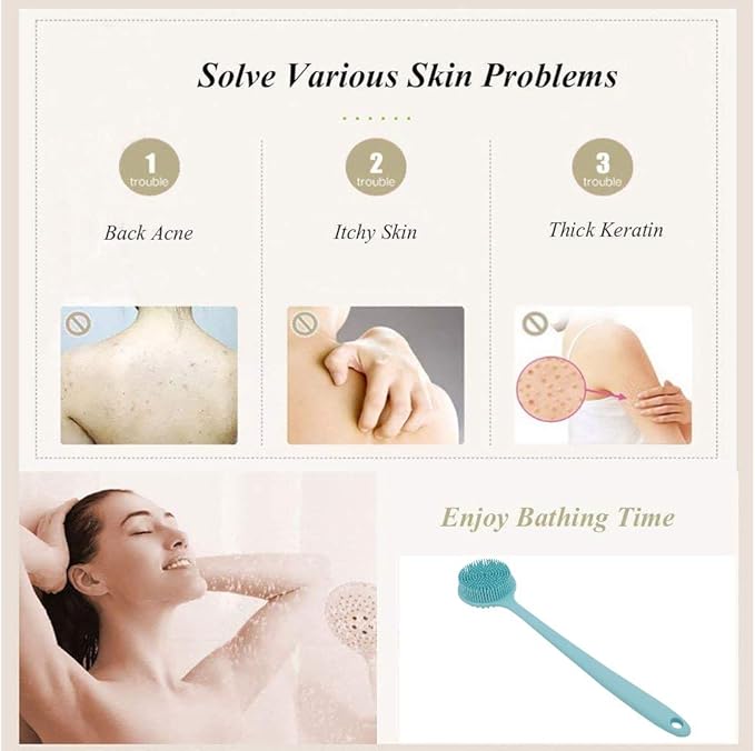 Long Handle Silicone Body Scrubber for Shower, Dual-Sided Back Scrubber Brush with Soft Bristles&Massage Nodes, Exfoliating Bath Brush for Hard to Reach Areas, Easy to Clean & Quick Dry, for Daily Use