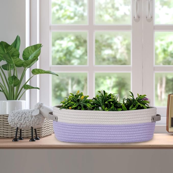 Oradrem 2 Pack Small Cotton Rope Woven Basket Toilet Paper Baskets for Organizing Decorative Baskets for Boho Decor Small Storage Basket 13"x5.9"x4" Purple