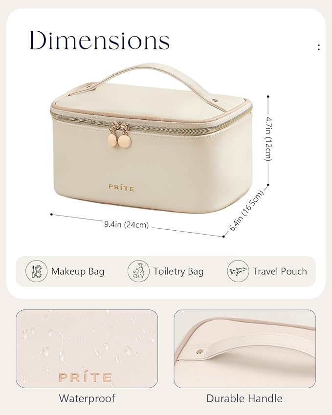 Prite Makeup Bag, Large Capacity Cosmetic Bag for Women and Girls, Waterproof PU Leather Travel Makeup Case, Toiletry Organizer with Handle and Divider for Skincare and Brushes - Beige