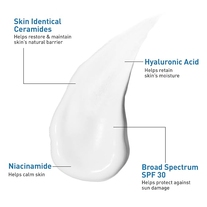 CeraVe AM Facial Moisturizing Lotion with SPF 30, Oil-Free Face Moisturizer with SPF, Formulated with Hyaluronic Acid, Niacinamide & Ceramides, Non-Comedogenic, Broad Spectrum Sunscreen, 3 Ounce
