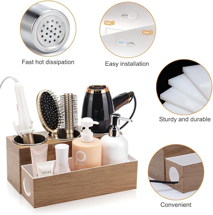 GFWARE Hot Hair Styling Tool Organizer with 3 Stainless Steel Cups, Wood