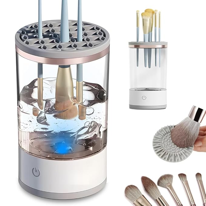 AMYESE Makeup Brush Cleaner, Automatic Makeup Brush Cleaning Machine, 3-in-1 Electric Beauty Brush Cleaner, Air Drying and Dust-proof Organizer, Makeup Brush Tool, Great Gift for Makeup Friends