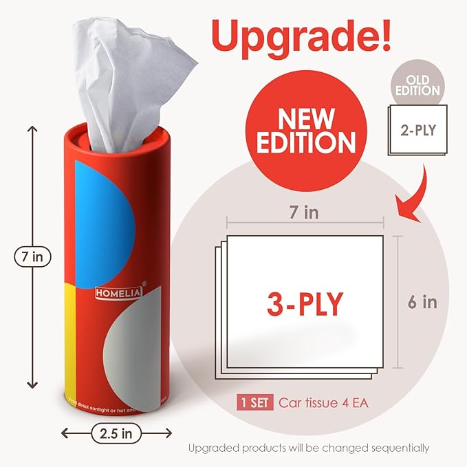 Car Tissue Holder with Facial Tissues Bulk - Car Tissues Cylinder - Travel Bulk Pack - Round Cube Boxes - Replacement for Kleenex Tubes - Tissues Cube Boxes 4 pack