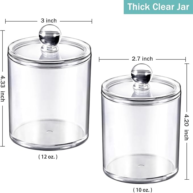 SheeChung 2 Pack Clear Acrylic Qtip Holder- Apothecary Jars for Bathroom Organization - Vanity Storage Canisters for Cotton Swabs,Balls,Pads(10oz&12oz)