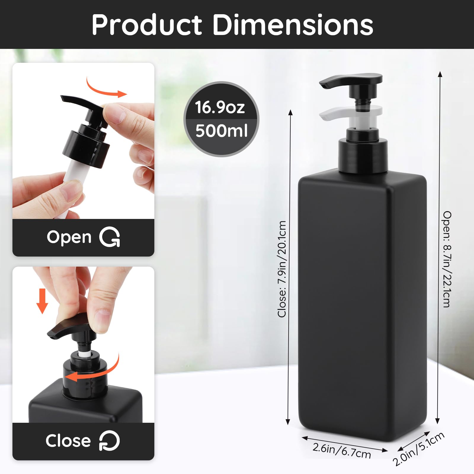 Segbeauty Matte Black Soap Dispenser, 3 Pack 16.9oz Refillable Shampoo and Conditioner Bottles with Labels, 500ml Empty Plastic Square Shower Dispenser Bathroom Soap Dispenser Set for Body Soap