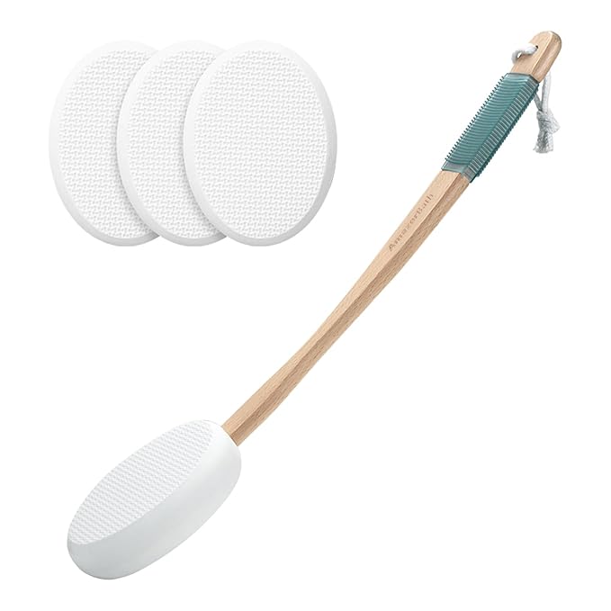 AmazerBath Lotion Applicator for Back, Feet, 4 Replaceable Pads with Long Handle, Back Sunscreen Applicator for Elderly, Women, Apply Cream Medicine Skin Cream Moisturizer Sunscreen Tanner, Blue