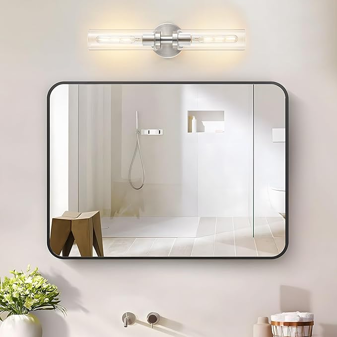 2-Light Brushed Nickel Bathroom Light Fixtures Over Mirror Modern Vanity Light Wall Lighting with Clear Glass Shade for Bathroom, Bedroom, Hallway, Cabinet