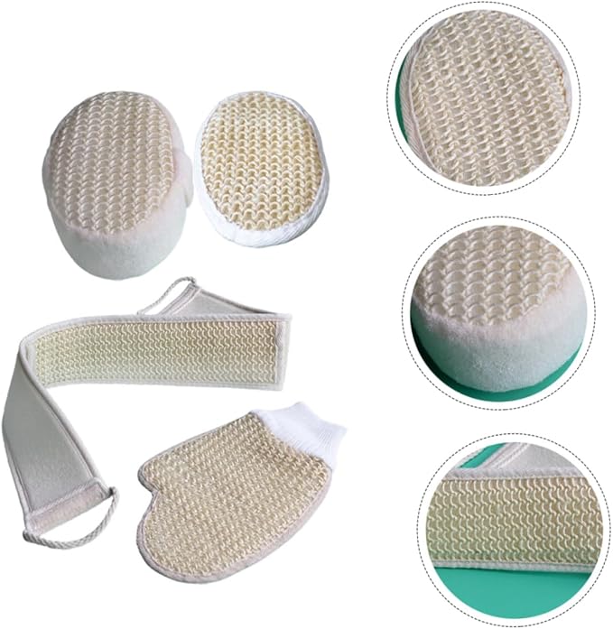 Vaguelly 4-Piece Back Scrubber Set Adjustable Bath Strap Glove Sponge for Shower for Relaxation and Exfoliation