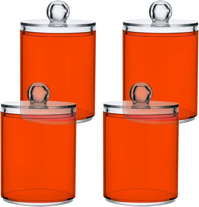 Orange Red Qtip Holder Organizer Dispenser Cotton Swabs Cans Plastic Jars with Lid Set 4 Pack Bathroom Storage Canister for Cotton Ball Floss Cotton Pads