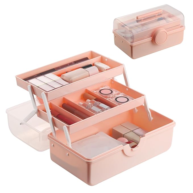 RAMFIYN Pink Makeup Storage, Pink Tackle box for Women with Handle. Cosmetic Storage Box Organizer, Portable 3 Layers Makeup Case for Home