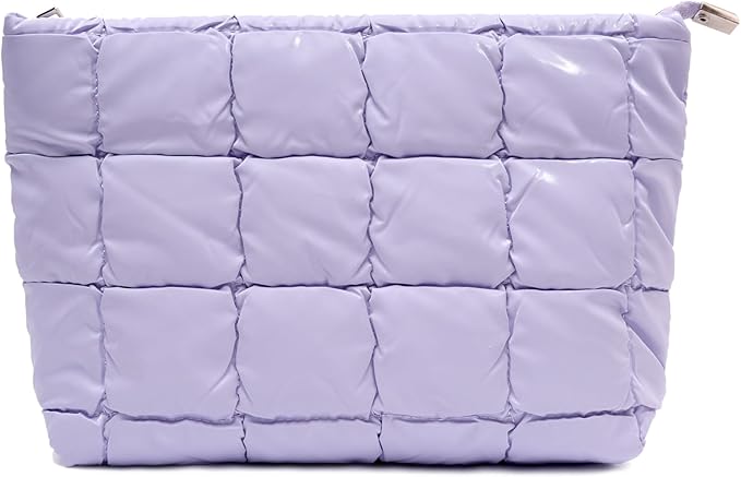 Beayuva Puffer Quilted Makeup Bag Cosmetic Bag Travel Portable Puffy Checkered Toiletry Pouch Skincare Organizer Purse (Purple)