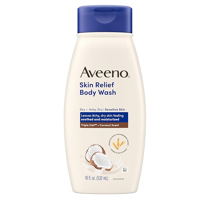 Aveeno Skin Relief Body Wash for Dry Skin, Gentle Coconut Scent and Soothing Triple Oat Formula, Moisturizing Body Wash Leaves Itchy, Dry Skin Cleansed & Feeling Soothed & Moisturized, 18 Fl Oz