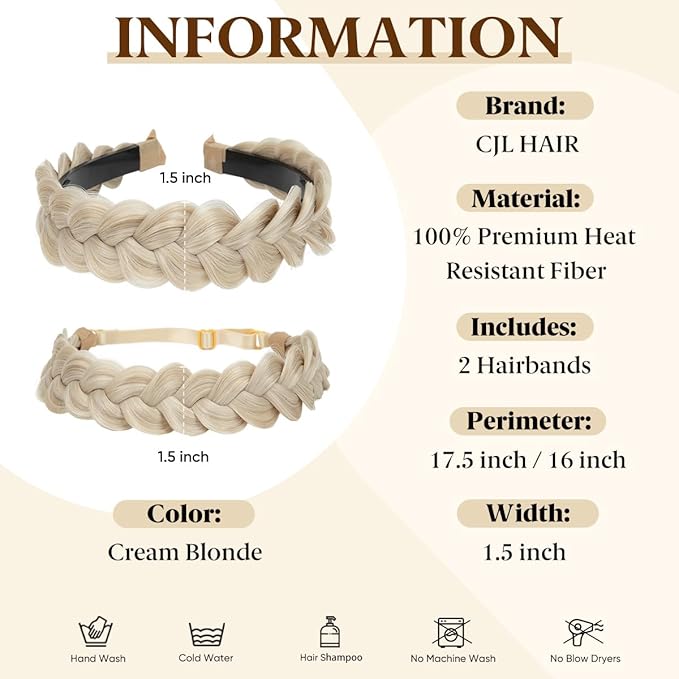 CJL HAIR 2PCs Braided Headbands Hair Piece for Women Synthetic Hair Hoops Head Bands Handmade Braid Hairband Accessories Elastic Stretch Headwrap Cream Blonde