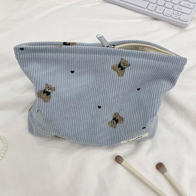 SxoSyo Corduroy Makeup Bags, Bear Cosmetic Pouch, Blue