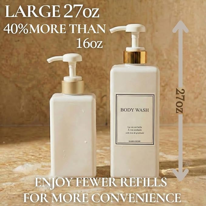 Modern Gold Design Shampoo and Conditioner Dispenser - Large 27oz Shower Soap Dispenser, Set of 3 Refillable Empty Plastic Pump Bottles for Bathroom and Body Wash (6 Waterproof Labels Included), White