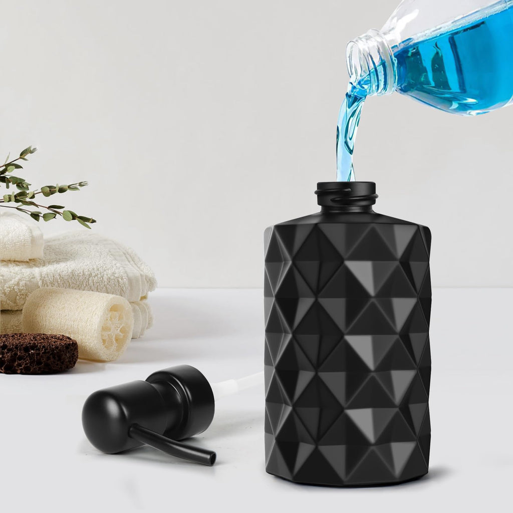 Glass Soap Dispenser with Plastic Pump, 330ml/11oz. Liquid Hand Soap Dispenser for Bathroom and Kitchen, Hand-Pump Dispenser for Dishwashing Liquid, Lotion, Soap, Essential Oil (Matte Black)
