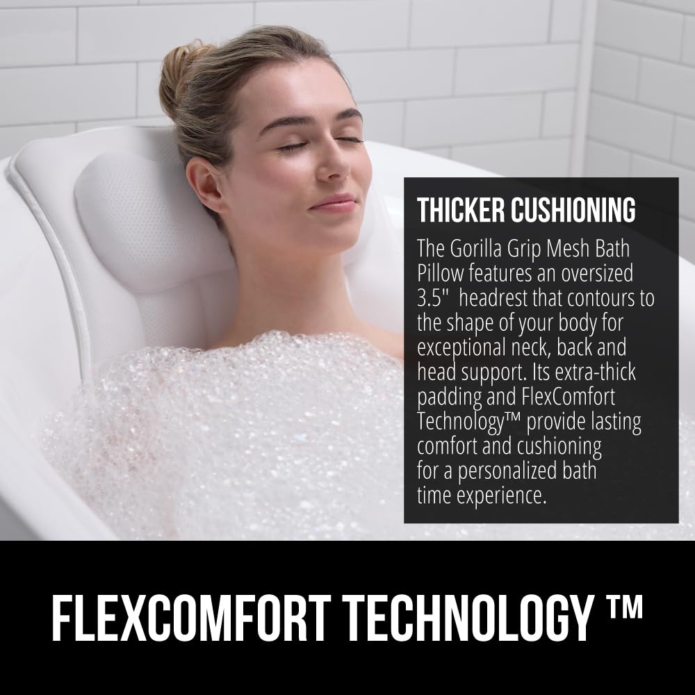 GORILLA GRIP Bath Pillow for Tub, 6 Strong Suction Cups, 4D Mesh FlexComfort Headrest for Neck, Head and Back Support, Luxury Machine Washable Pillows, Bathtub Accessories, Spa Gifts for Women, White