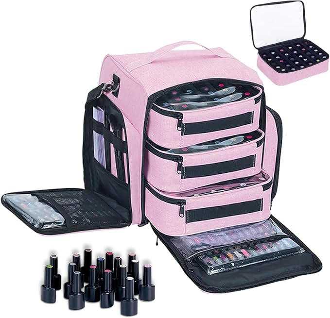 UOZL Nail Polish Organizer Case Hold 90 Bottles with 3 Detachable Bag,Pink