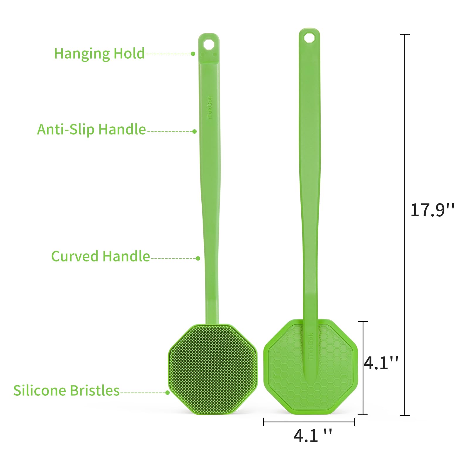 iTokGoK® Silver-Infused Silicone Back Scrubber with Long Handle Back Brush for Shower,Back Brush Long Handle for Men and Women,Ergonomic No-Slip Handle, Long-Lasting (Green)