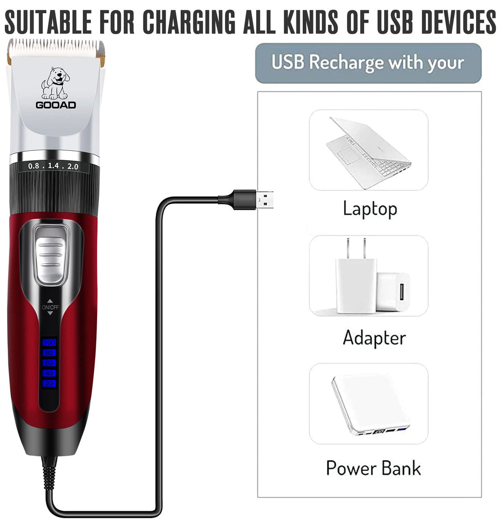 Gooad Dog Clippers Grooming Kit and Paw Trimmer,Cordless,Low Noise, Electric Quiet,Rechargeable, Dog Trimmer Grooming, Pet Hair Clippers for Thick Coats,Shaver for Small and Large Dogs Cats(Red)