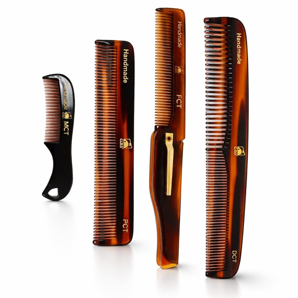 Handmade Tortoise Shell Comb Set – Pack of 4 Premium Fine-Tooth Combs for Men & Women – Includes Pocket, Folding, Dressing & Mustache Combs – Stylish Hair & Beard Grooming Kit