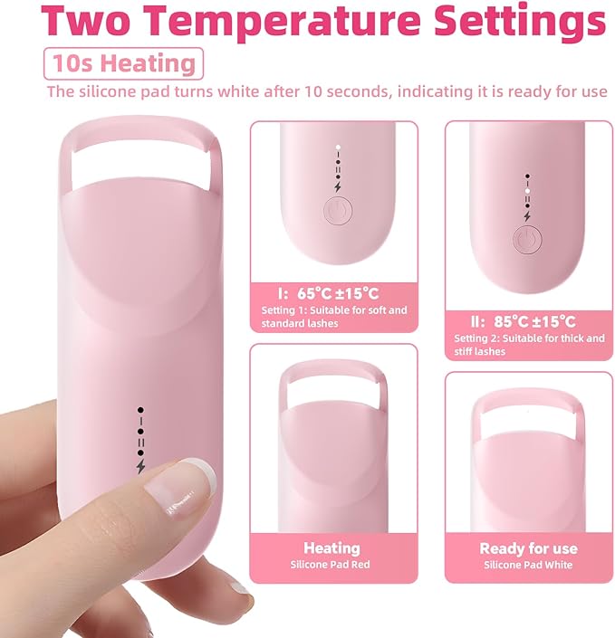 Heated Eyelash Curler, 10s Fast Heating Portable Electric Lash Curler, Type-C Rechargeable Travel Eye Lash Curlers with Anti-Scalding Silicone Pad, 2 Temp Modes & 24H Long Lasting Curves (Pink)