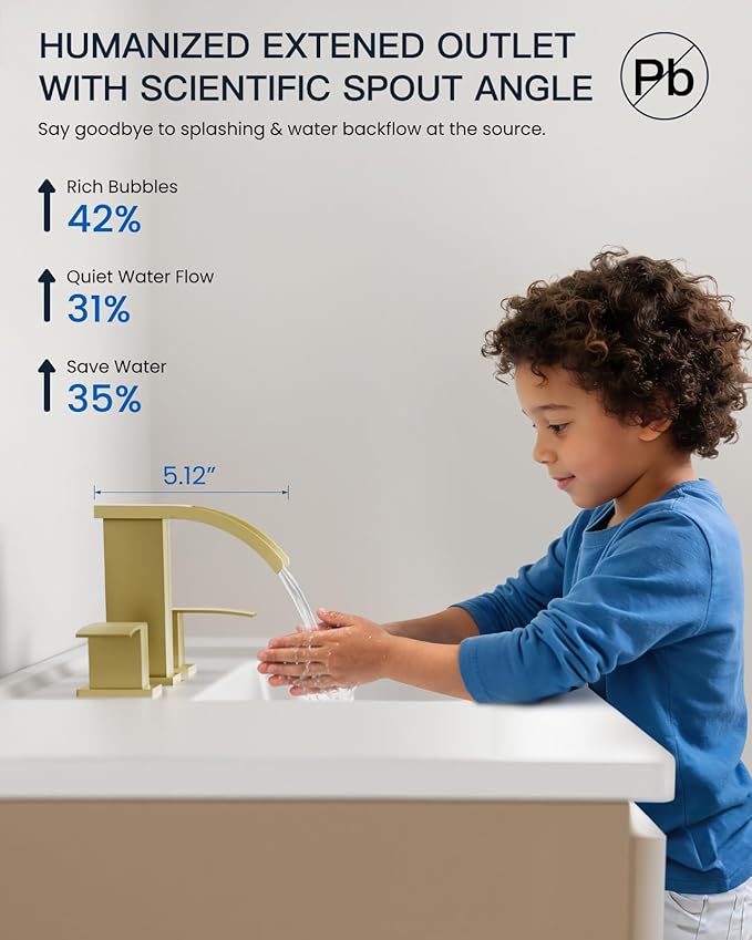 gotonovo Waterfall 8 inch Widespread Bathroom Faucet Set Bathroom Sink Faucet 3 Hole 2 Handle Vanity Lavatory Deck Mount with Pop Up Drain and Water Supply Lines Square Body Brushed Gold