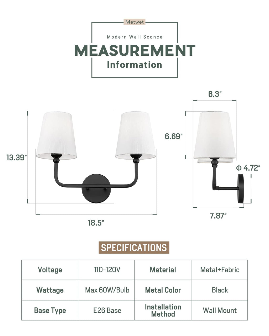 METWET 2-Light Matte Black Bathroom Vanity Light, White Fabric Shades