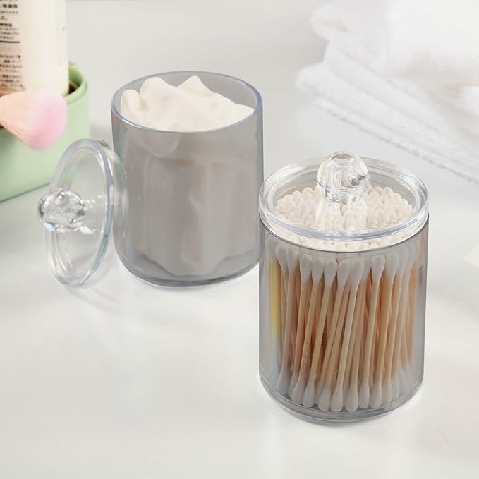 Grey Qtip Holder Organizer Dispenser Cotton Swabs Cans Plastic Jars with Lid Set 4 Pack Bathroom Storage Canister for Cotton Ball Floss Cotton Pads