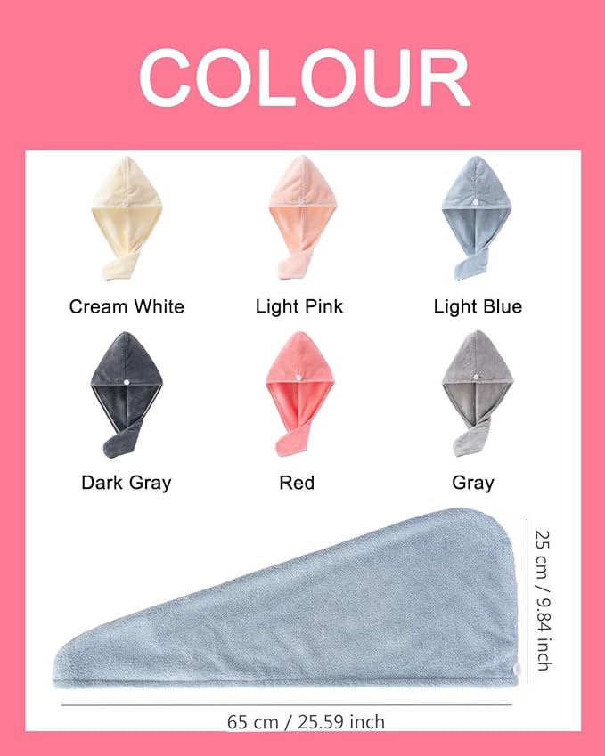 Luxury Microfiber Hair Towel Gift Set 6 Pack - Spa Quality Anti-Frizz Turbans with Button Closure, Quick Dry for Long/Curly Hair, Premium Bath Accessories for Women