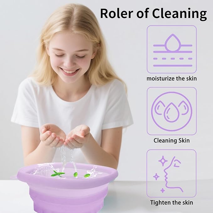 EBIGIC Face Bowl for Ice with Built-in IceTray,Collapsible Silicone Face Ice Bowl – Cold Plunge Therapy for Skin Tightening & Facial Treatment– Portable Spa Tool for Home & Travel（Purple)