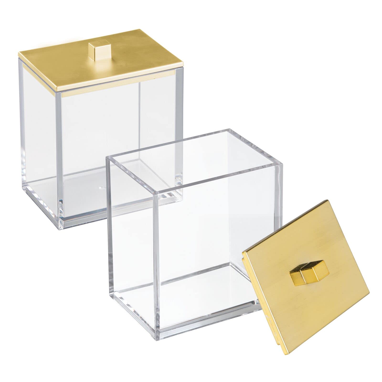 mDesign Plastic Rectangle Apothecary Canister - Organizer for Bathroom Vanity Countertop Shelf Decor - Holds Cotton Swabs, Soap, Makeup, Bath Salts - Lumiere Collection - 2 Pack - Clear/Gold