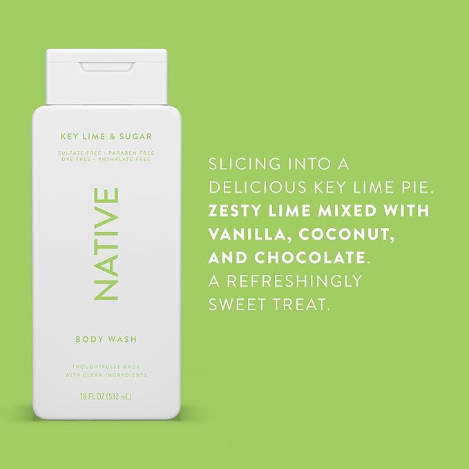 Native Body Wash Contains Naturally Derived Ingredients | For Women & Men, Sulfate, Paraben, & Dye Free Leaving Skin Soft and Hydrating | Key Lime & Sugar 18 oz
