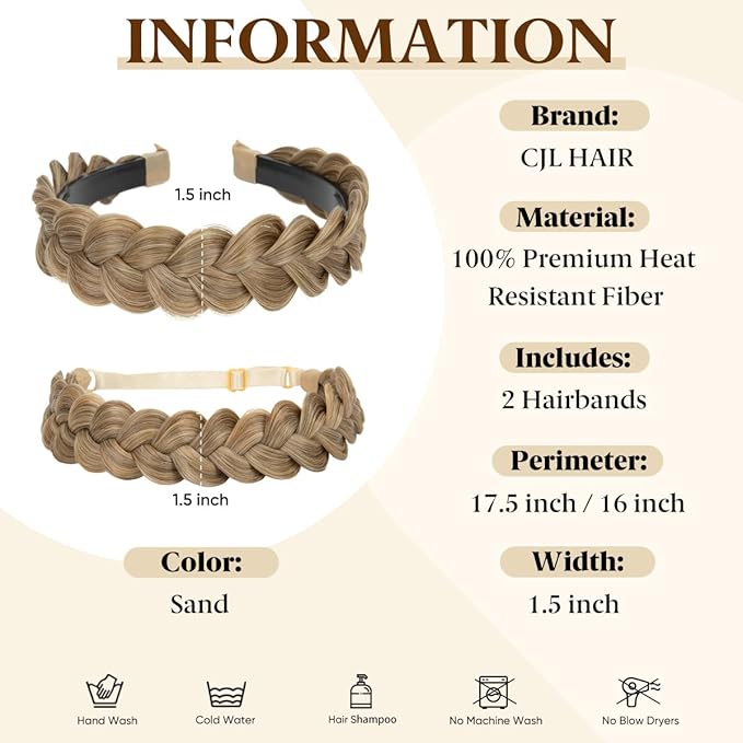 CJL HAIR 2PCs Braided Headbands Hair Piece for Women Synthetic Hair Hoops Head Bands Handmade Braid Hairband Accessories Elastic Stretch Headwrap Sand