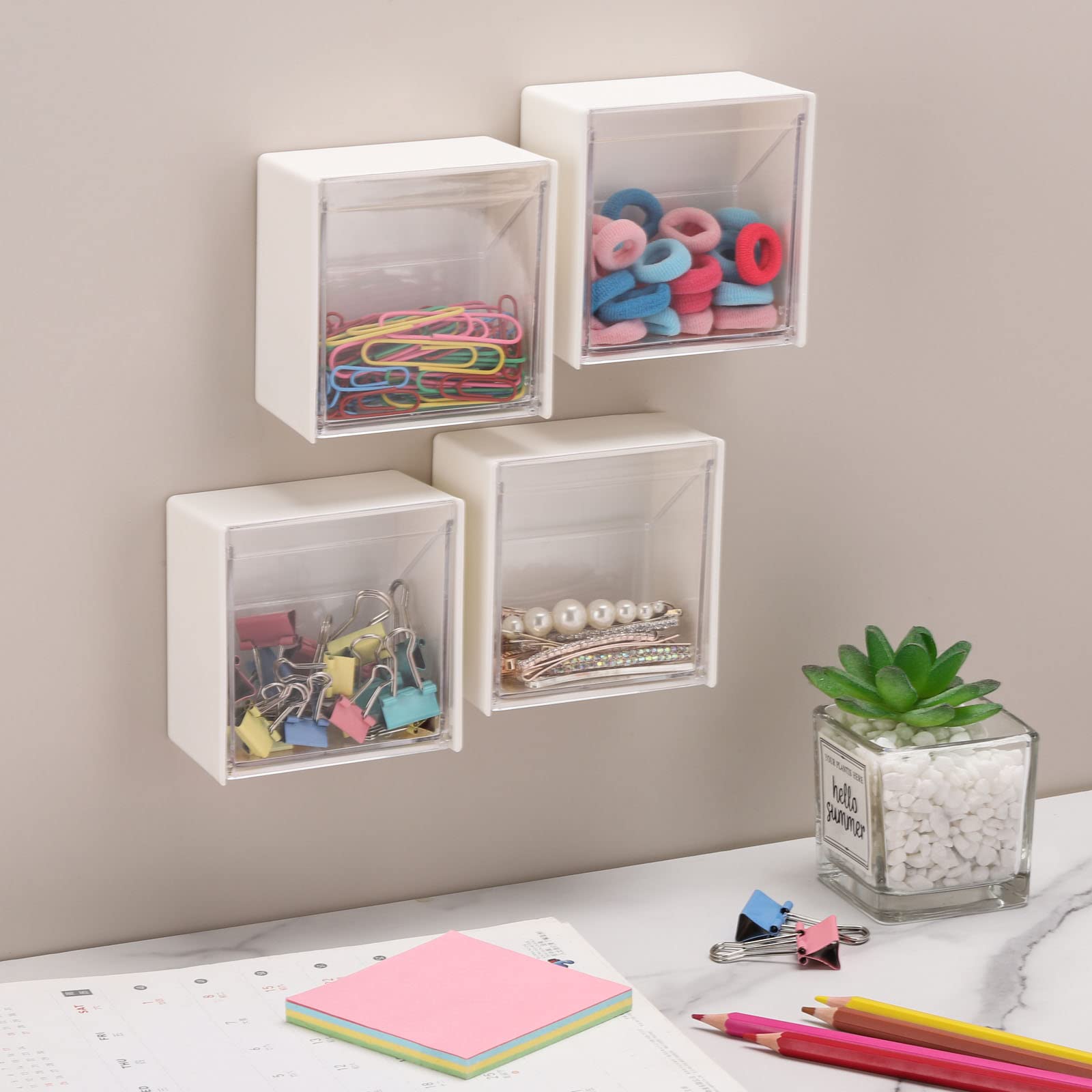 Tecbeauty 4PCS Cotton Pads Holder Dispenser, Wall Mounted Cotton Ball Organizers and Storage Box Rounds Jar Containers for Cotton Ball, Floss, Hairpin, Rubber Band, Clip（3.35in x1.8in x3.35in）