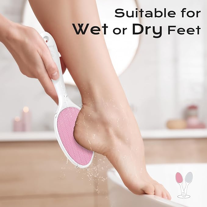 Foot File, Nano Glass Foot File Callus Remover with Handle, 2-in-1 Foot Scrubber Dead Skin Remover, Gentle Exfoliation Foot Buffer Pedicure Tools for Feet-Pink