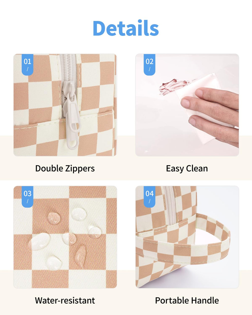 Narwey Clear Toiletry Bags for Traveling Women Men, Clear Travel Bags for Toiletries Makeup Bag Cosmetic Bag with Zipper, Make Up Organizer, Skincare Bag (Light Brown Checkerboard)
