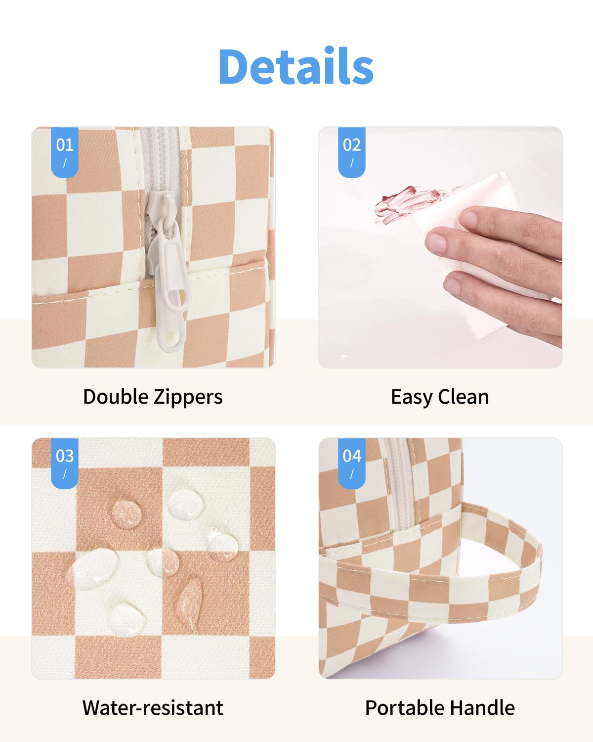 Narwey Clear Toiletry Bags for Traveling Women Men, Clear Travel Bags for Toiletries Makeup Bag Cosmetic Bag with Zipper, Make Up Organizer, Skincare Bag (Light Brown Checkerboard)