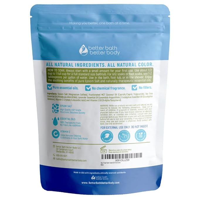 Tea Tree Foot Soak 32 Ounces (2 Lbs) USP Grade Epsom Salt with Natural Tea Tree Essential Oil Plus Vitamin C in BPA Free Pouch with Easy Press Lock Seal Made in USA DIY Home Spa Foot Care
