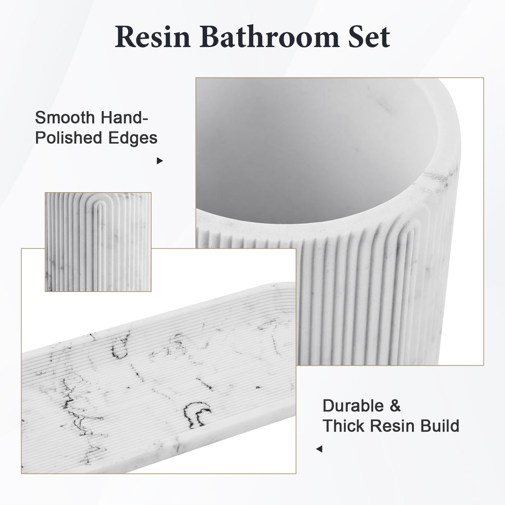Bathroom Accessories Set - 7-Piece Resin Bathroom Set, Toothbrush Holders Set, Soap Dispenser, Qtip Holder Dispenser, Tumbler, Soap Dish & Tray, Modern Bath Decor for Home Dorm Hotel (Marble White)