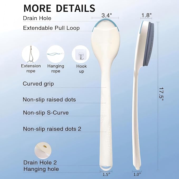 BUBBLEDANCE® Silicone Back Scrubber with Extendable Long Handle (17.5"-31.9"), Firm Bristles for Deep Exfoliation, Anti-Slip Shower Brush for Bath & Dry Brushing (White)
