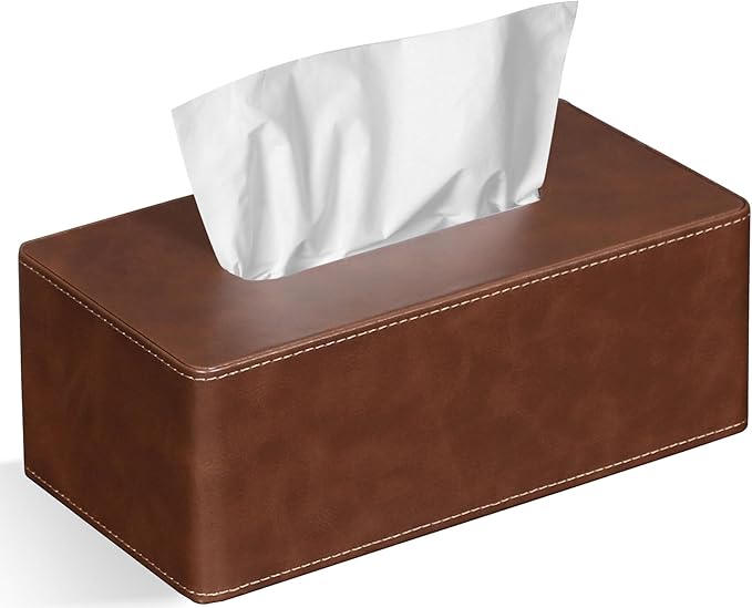GOLRANLYE Tissue Box Cover Rectangular 9.8"(L) x 5.3"(W) x 4.3"(H) Refined Modern PU Leather Facial Tissue Dispenser Box Holder for Dresser Bathroom Decorative (Brown)