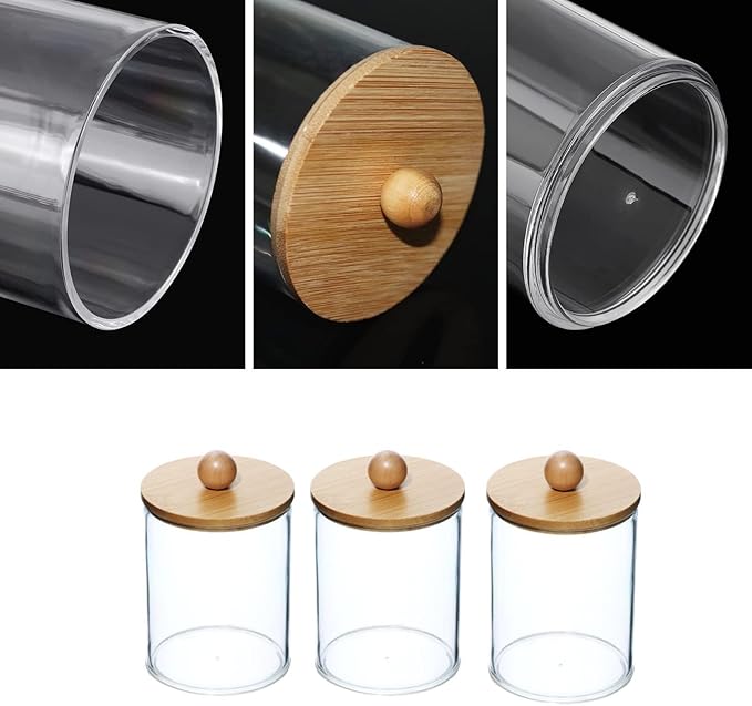 DIYOHFE 3PCS Acrylic Qtip Dispensers Holders With Wood lid, Clear Bathroom Round Countertop Storage Organizer Canister for Cotton Balls,Swabs,Pads,Bath Salts ,Makeup Sponges,Tooth Floss