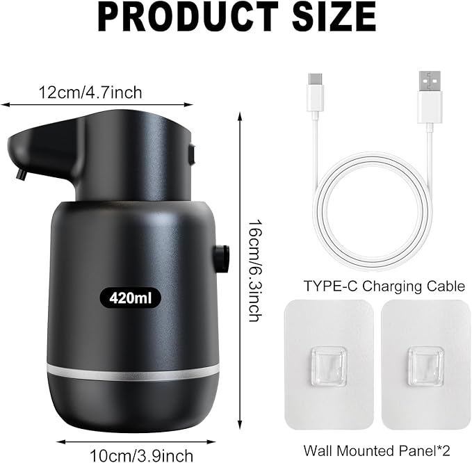 Automatic Soap Dispenser, Rechargeable & Touchless with 4 Adjustable Levels, 15oz/420ml, Waterproof, Wall Mountable for Kitchen, Bathroom, Hotel (Foam, Black)