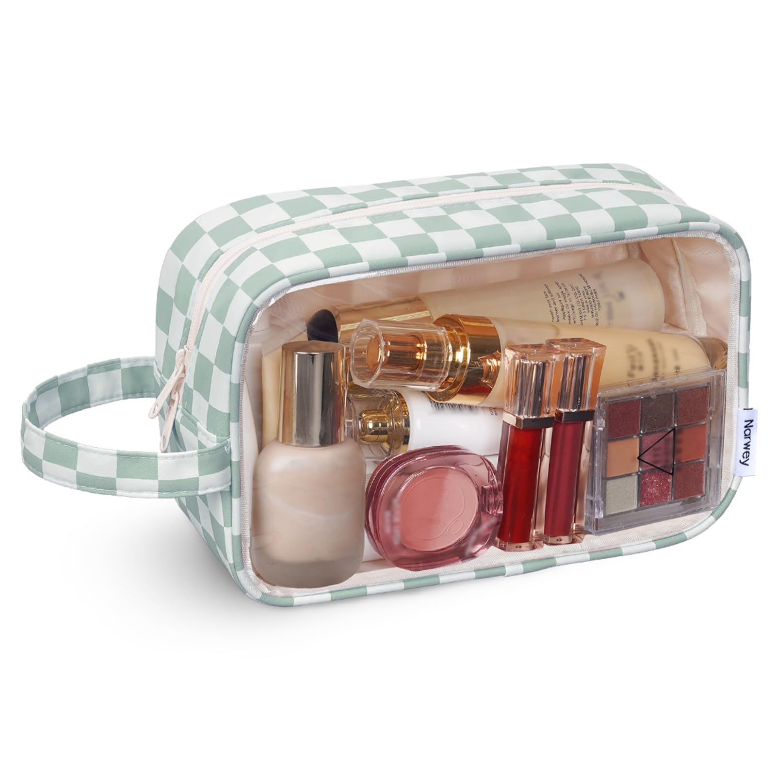 Narwey Clear Toiletry Bags for Traveling Women Men, Clear Travel Bags for Toiletries Makeup Bag Cosmetic Bag with Zipper, Make Up Organizer, Skincare Bag (Mint Green Checkerboard)