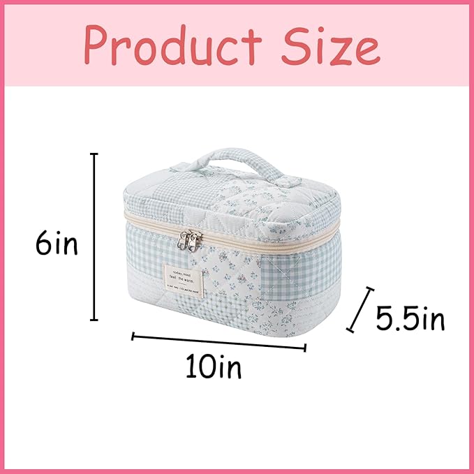 uekeboag Large Travel Quilted Makeup Bag for Women, Floral Cotton Cosmetic Bag, Coquette Aesthetic Floral Toiletry Organizer Bag(Blue Patchwork