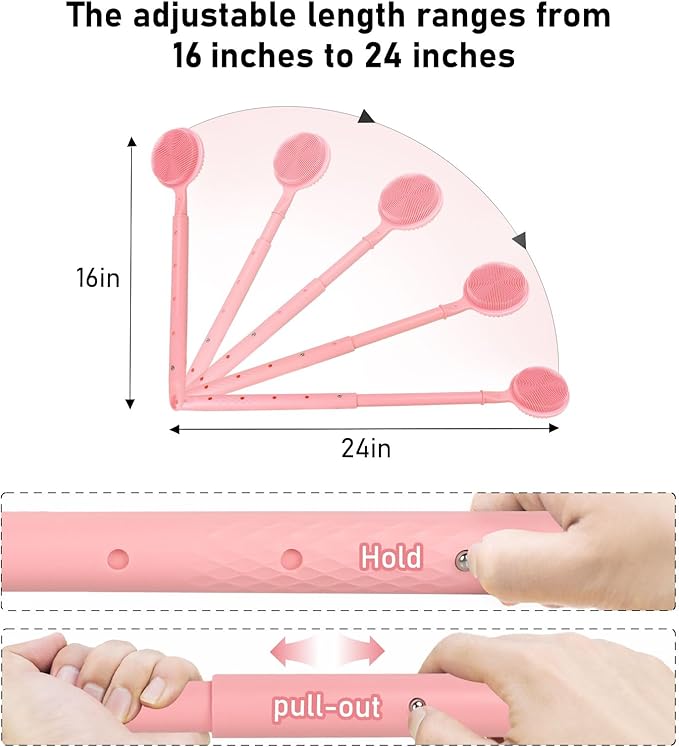 OZNER 24 Inches Silicone Back Scrubber for Shower - Extendable Long Handle Shower Brush with Dual-Sided Bristles - Exfoliating Body Scrubber for Sensitive Skin - Perfect for Men & Women (Pink)