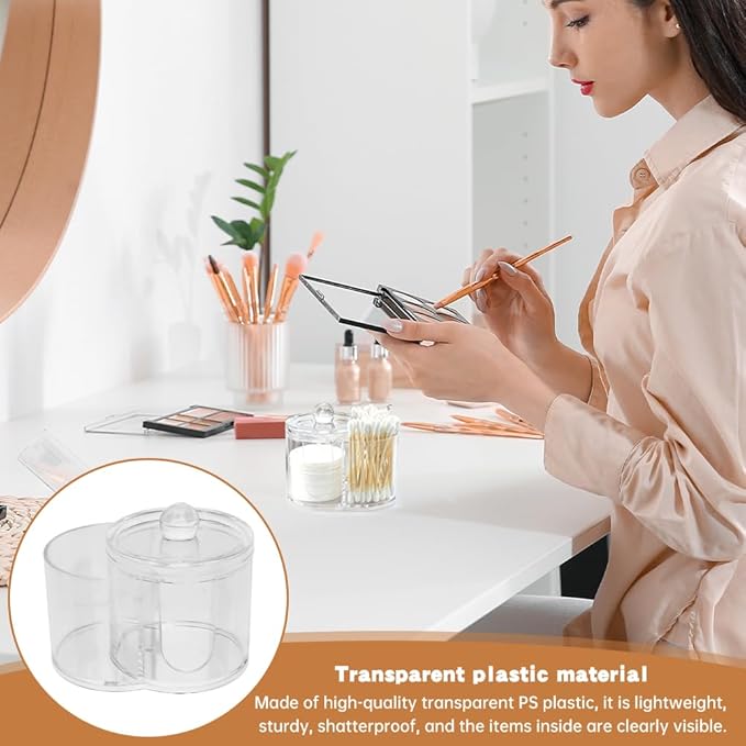 Zornaveli Q Tip Holder, 2-Grid Acrylic Cotton Swab & Cotton Pad Holder, 2 PCS Qtip Holder with Dustproof Lid for Bathroom,With 2 Pack of Qtips, Dressing Table Round Container