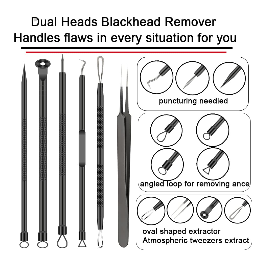 Pimple Popper Tool Kit, 6 Pcs Blackhead Remover Acne Needle Tools Set Removing Treatment Comedone Whitehead Popping Zit for Nose Face Skin Blemish Extractor Tool - Black